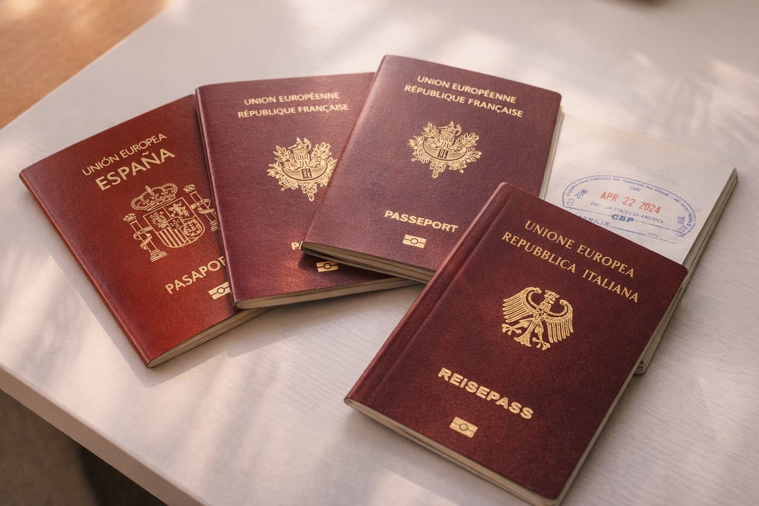 Pasaportes europeos sobre escritorio con sello de entrada a Estados Unidos