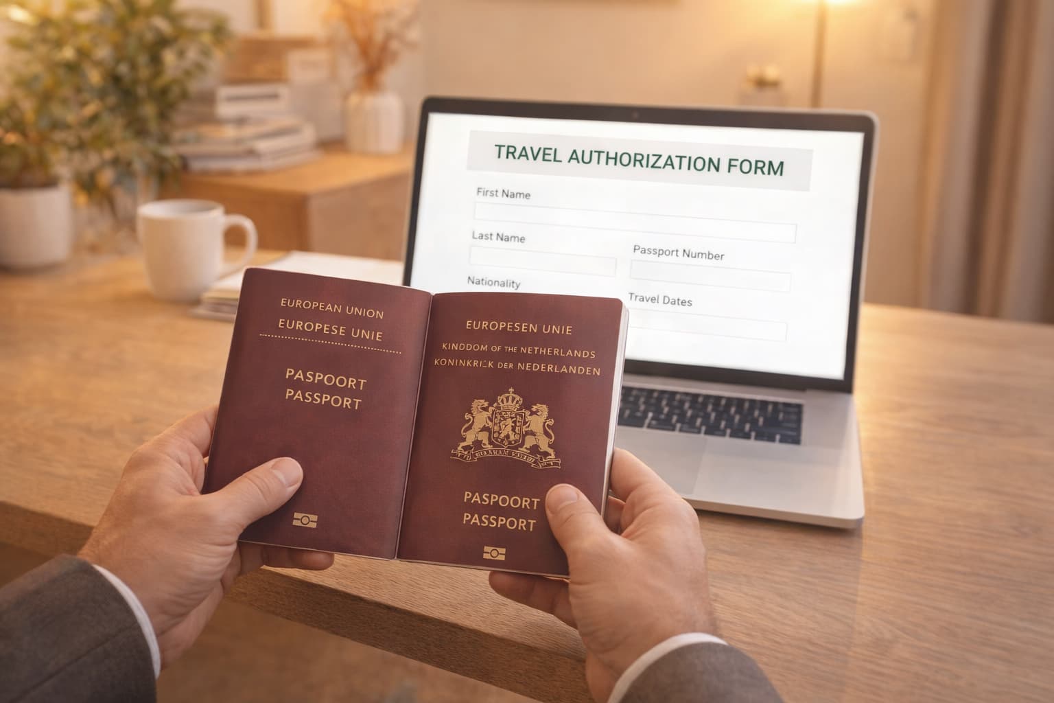 Persona con pasaporte europeo completando formulario ESTA en computadora