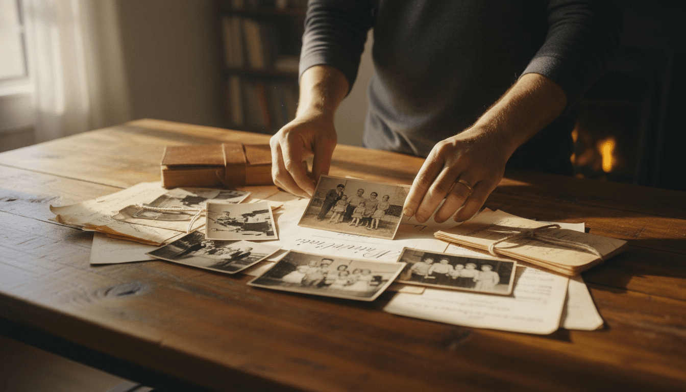 Warm artisanal rustic aesthetic close-up of family photos and documents arranged on a wooden table