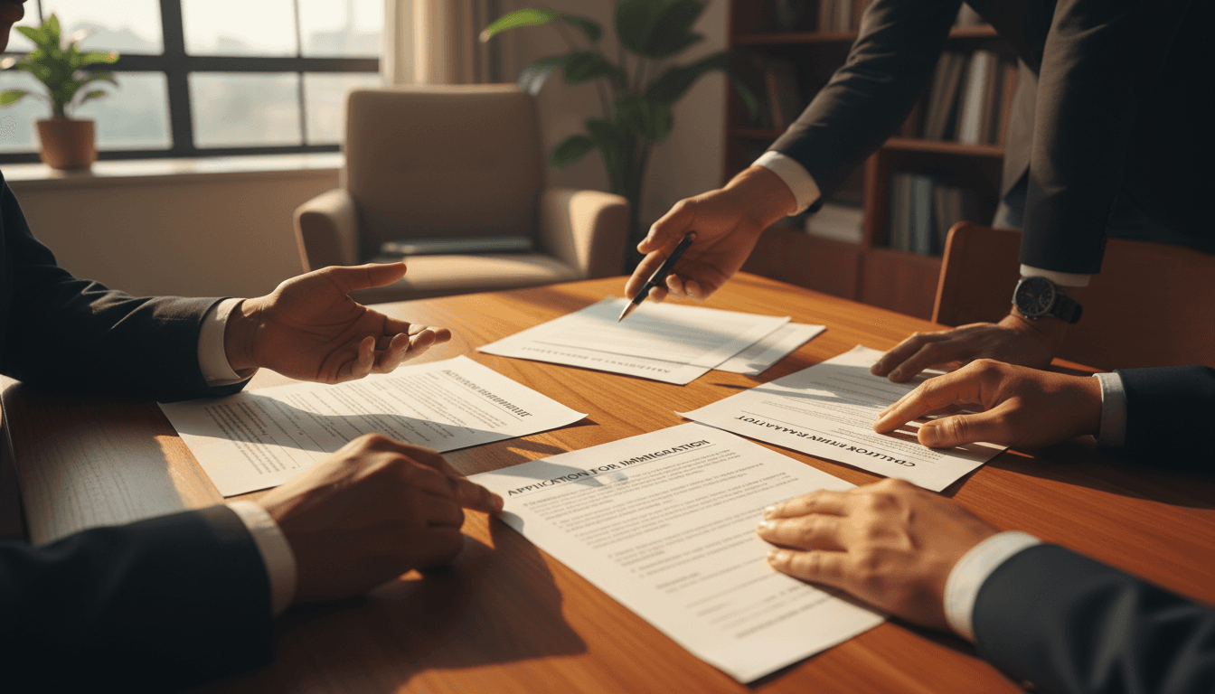 Hands reviewing immigration documents together at a desk, representing professional guidance and support