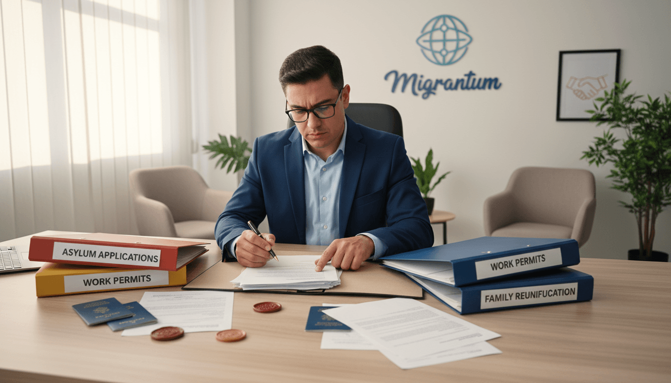 Immigration consultant reviewing and organizing client documents on desk with natural light illuminating paperwork