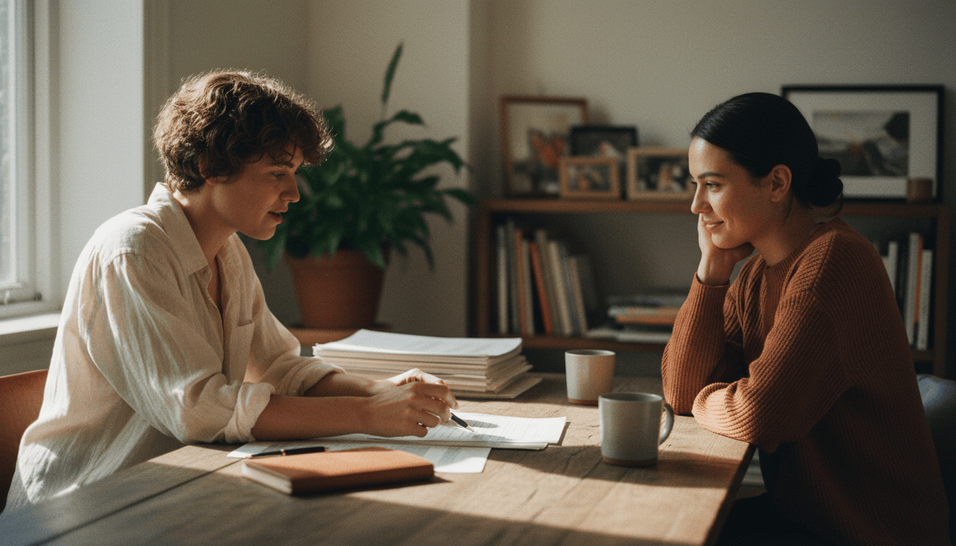 Immigration consultant reviewing documents with a client in a welcoming office setting